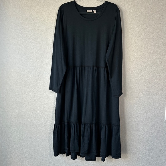 LOGO Lori Goldstein plus size 1X tiered midi dress cotton modal black long sleve - Picture 1 of 13